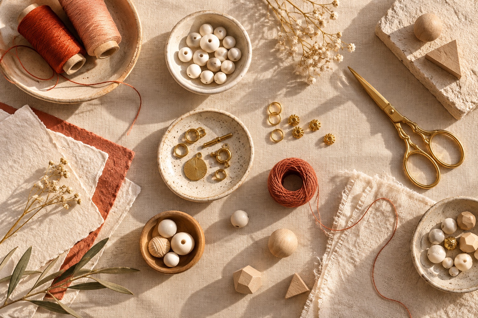 Illustrative studio photo of beads, thread, scissors and unfinished wooden blanks.